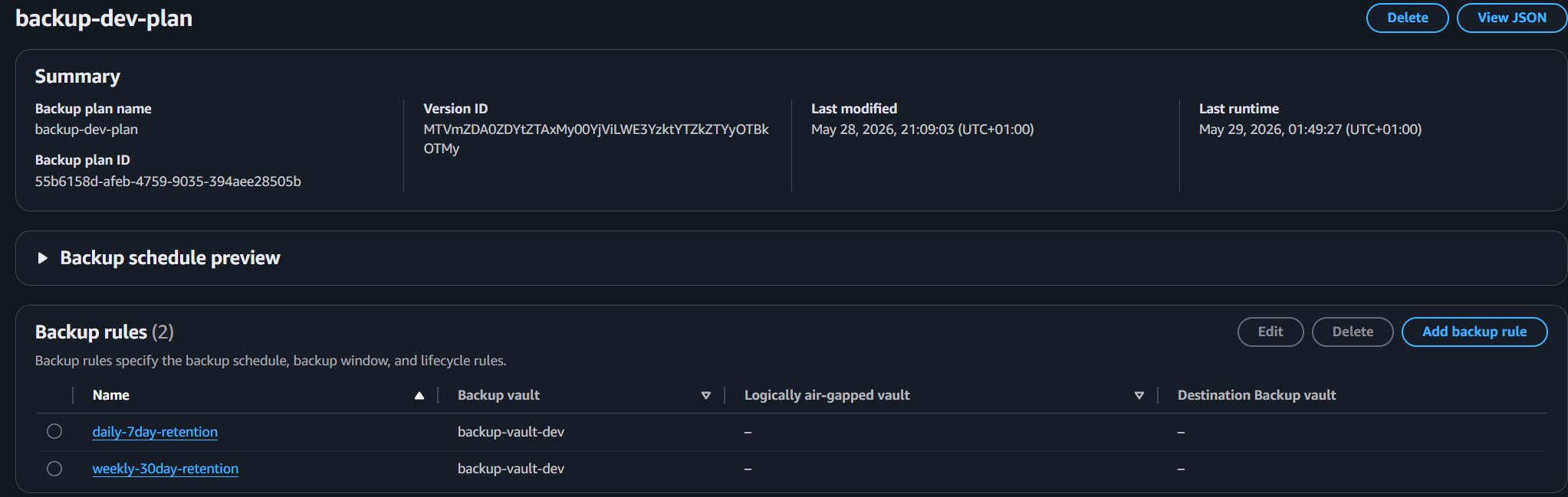 AWS Backup plan showing daily-7day-retention and weekly-30day-retention rules against backup-vault-dev